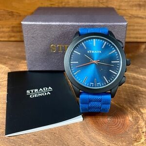 Strada Men's Quartz Watch Black Case Blue Face And Silicone Band New In Box